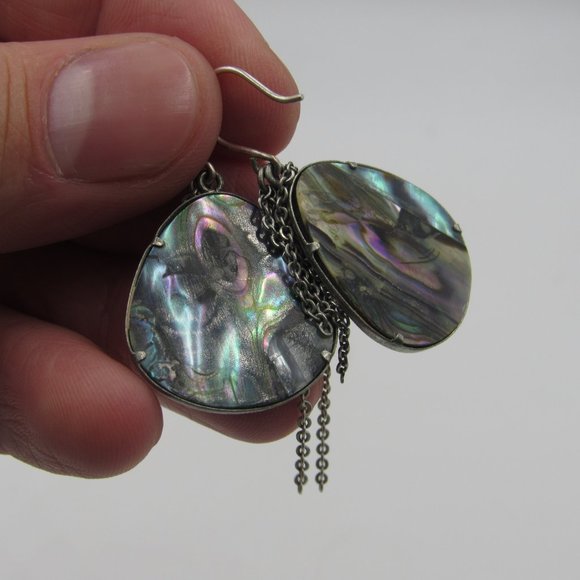 Silver Tone Chain Abalone Shell Earrings Vintage - Picture 2 of 5